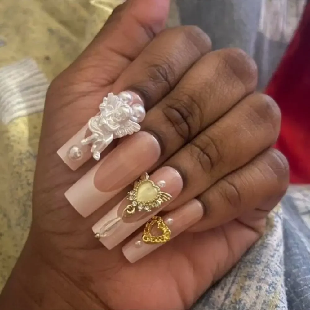 24 Set Square Coquette Angel Lolita Pink French Tip Nails
